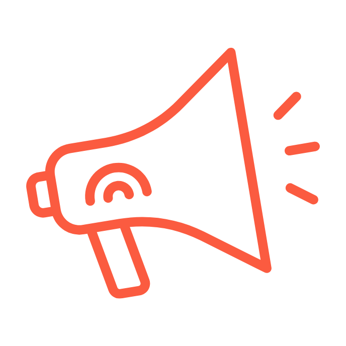 Red outline megaphone icon with sound waves indicating announcement or alert.