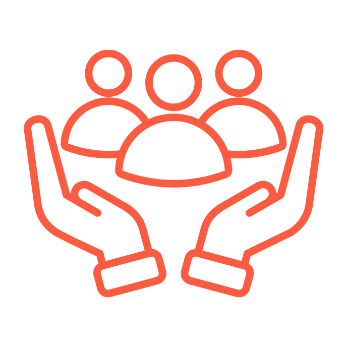 Line drawing of hands holding a group of three people, symbolizing support or teamwork.