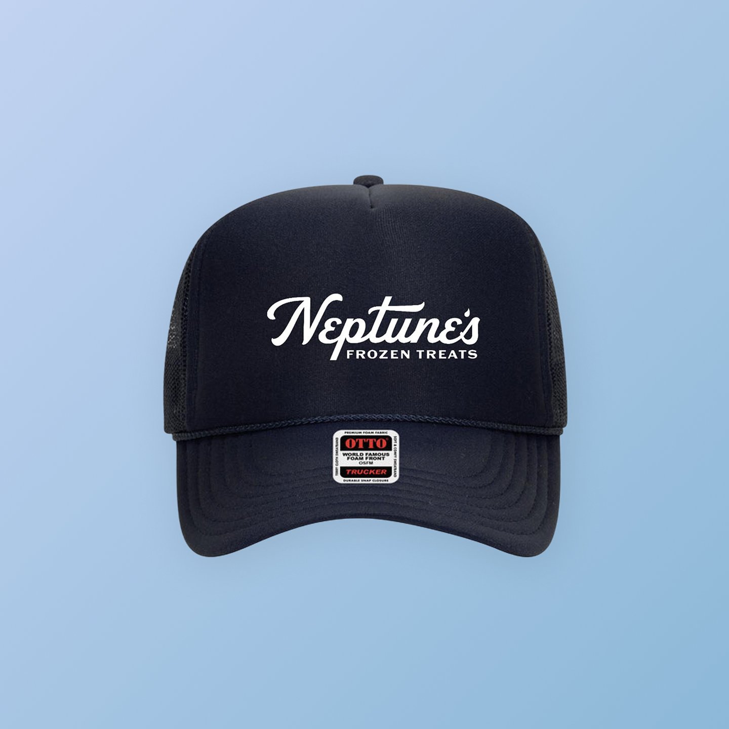 Black baseball cap with white embroidered text 'Neptunes' and smaller text 'Frozen Treats', with a red and black Otto brand label on the brim, against a light blue background.