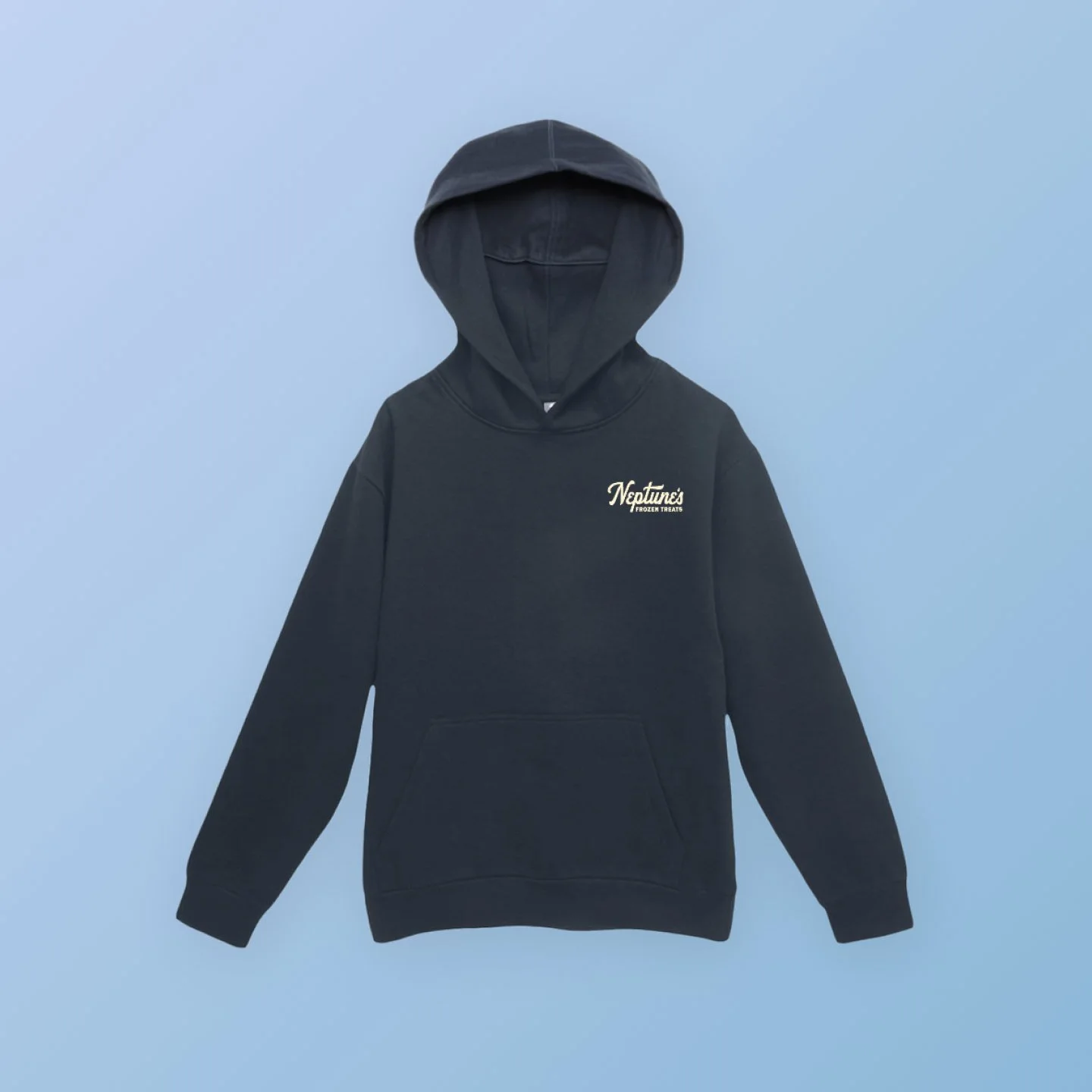 Black hoodie with a small white logo that reads "Neptunes" on the front, displayed against a light blue background.