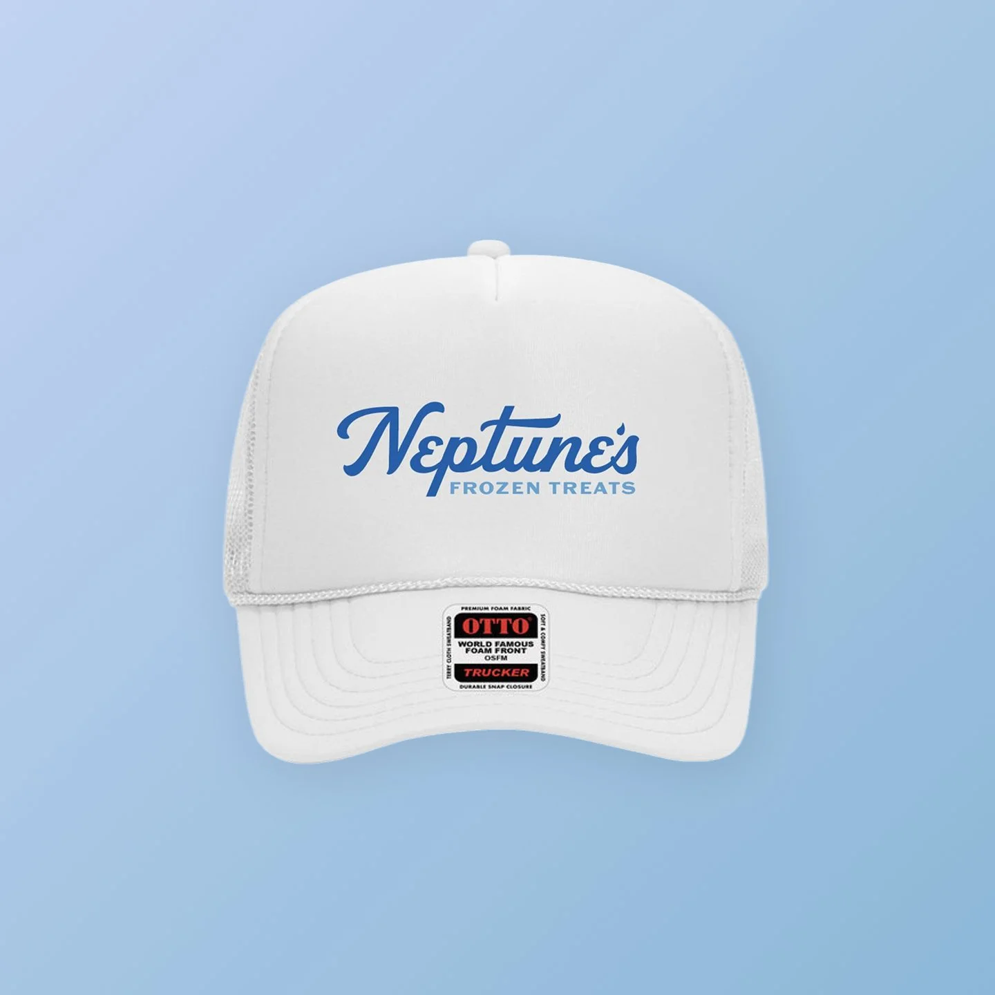 White trucker cap with blue 'Neptune's Frozen Treats' logo and OTTO sticker, against a light blue background.