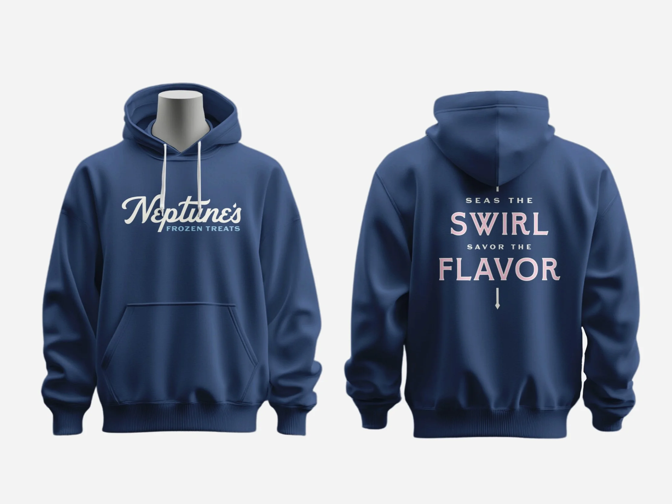 Front and back view of a blue hooded sweatshirt with white and pink text on the front and back.