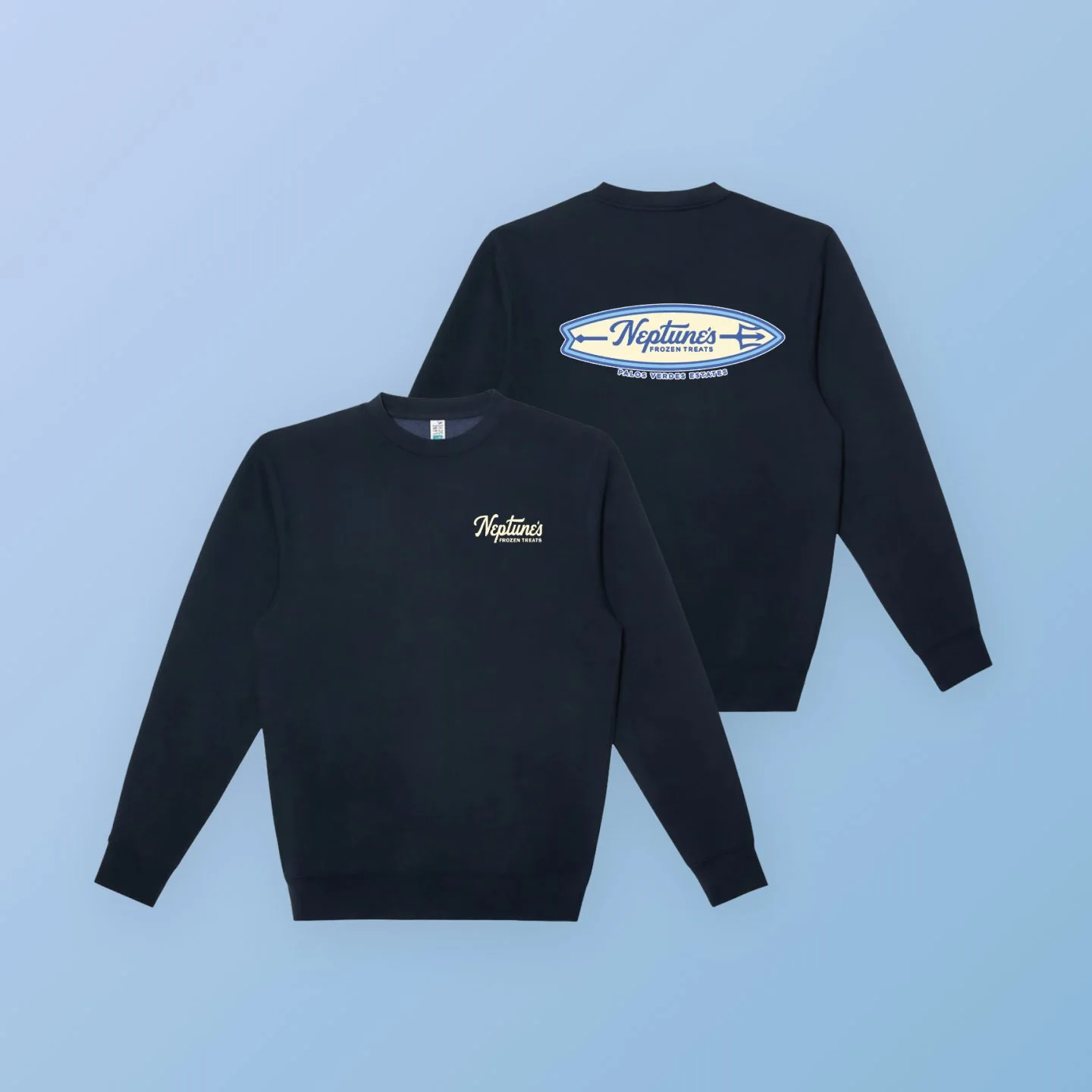 Two black sweatshirts with Neptune's Frozen Treats branding, one with logo on front and other with logo on back, placed on a light blue background.