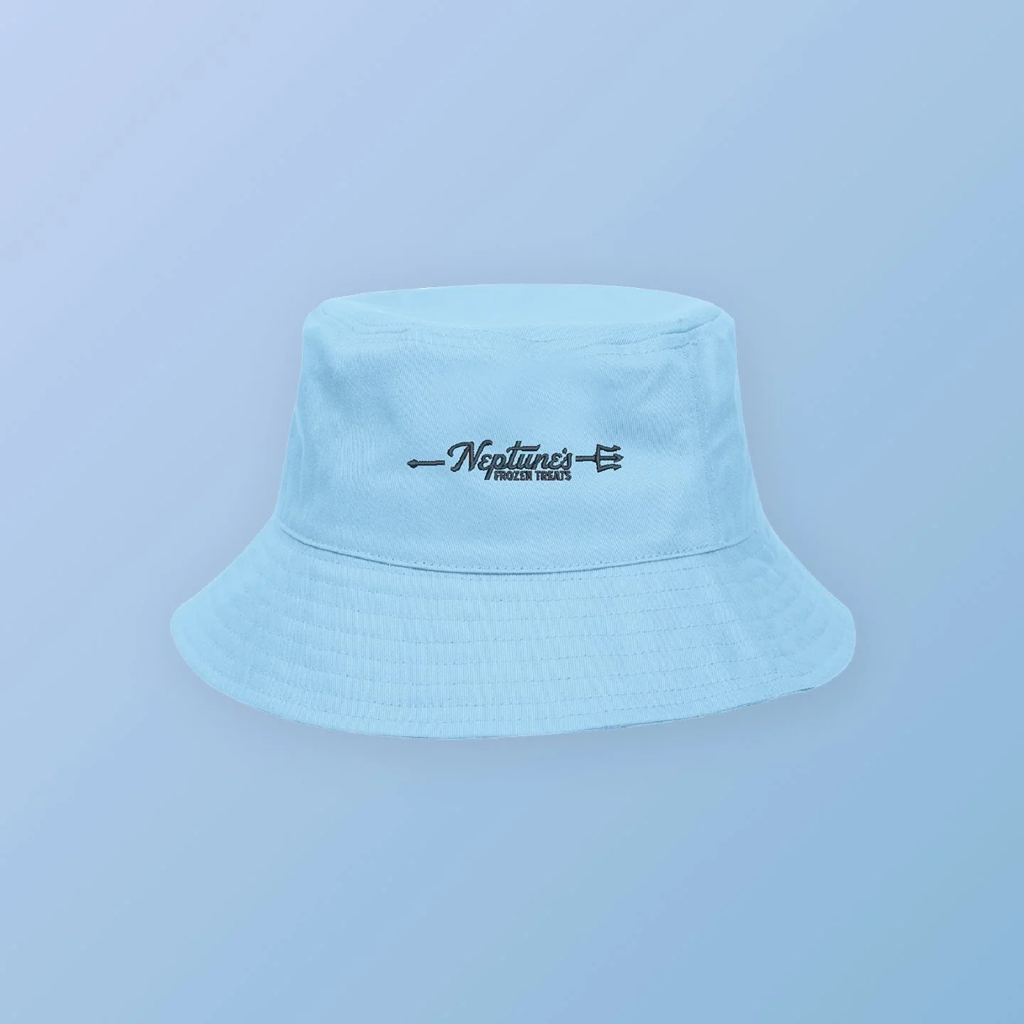 Light blue bucket hat with the embroidered logo 'Neptune's Frozen Treats' on the front, against a matching light blue background.