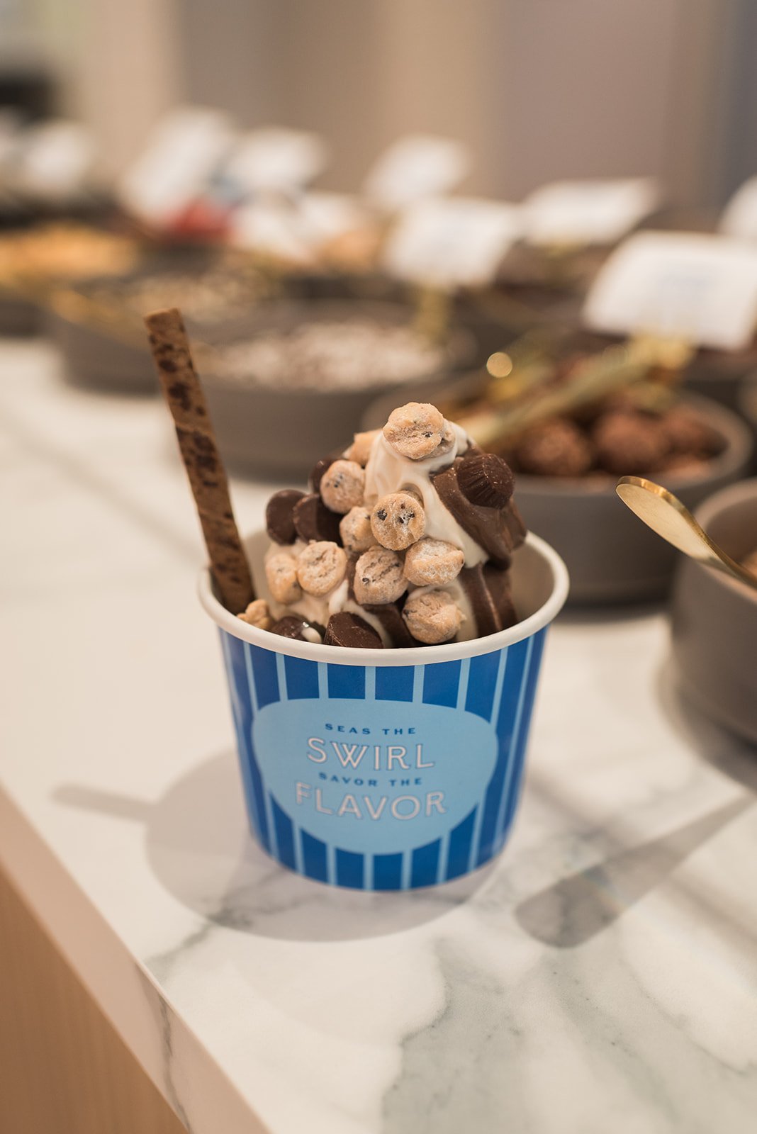 Frozen yorgurt topped with multi-grain cereal, chocolate chips, and a chocolate-striped cookie, served in a blue striped cup with the slogan 'Seas the Swirl, Savor the Flavor'.