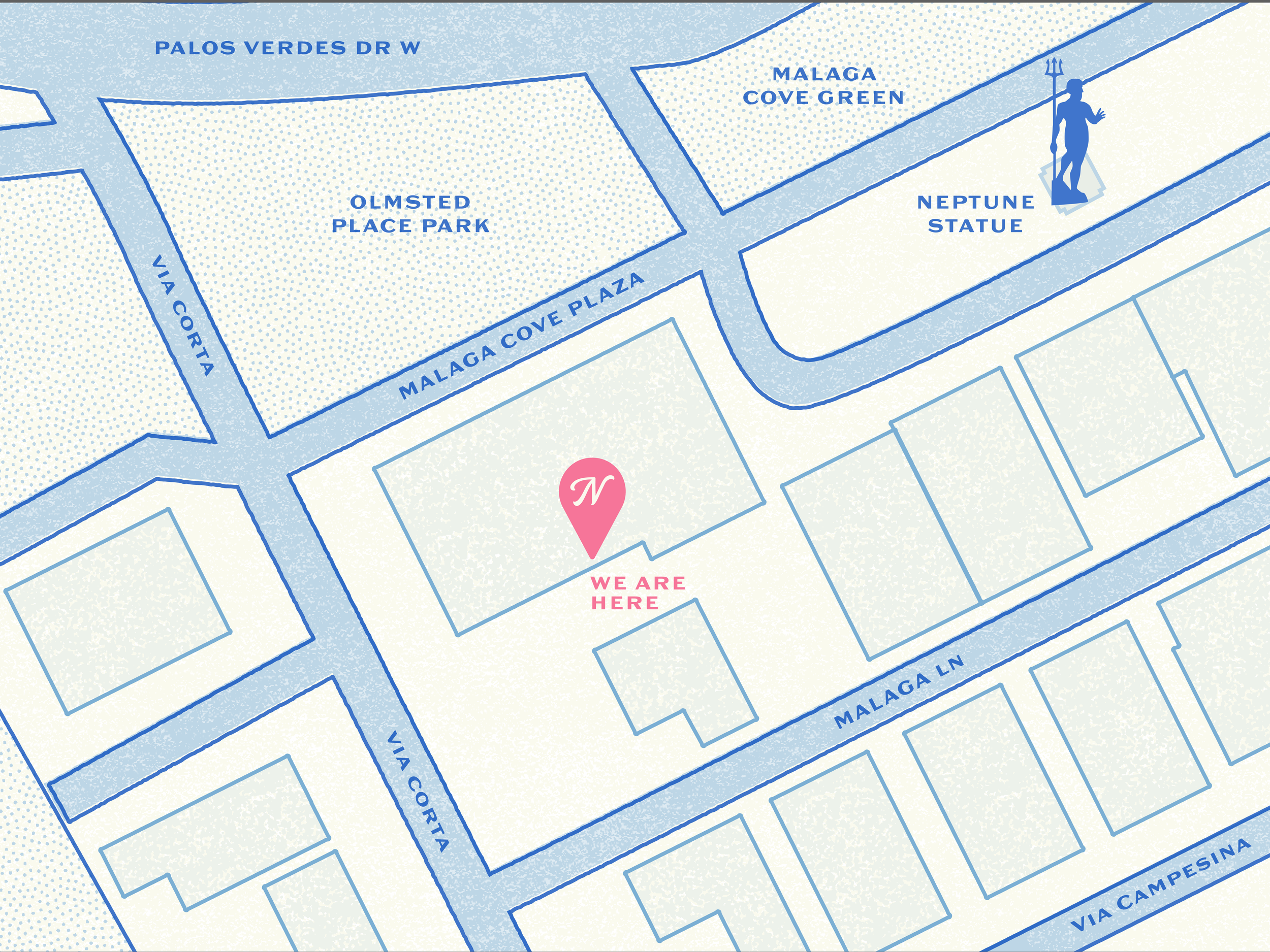 Map of a neighborhood with street names Malaga Cove Plaza, Via Corto, Malaga Lane, and Via Campesina. Contains icons for Olmsted Place Park, Malaga Cove Green, Neptune Statue, and a pink marker indicating 'We Are Here.'