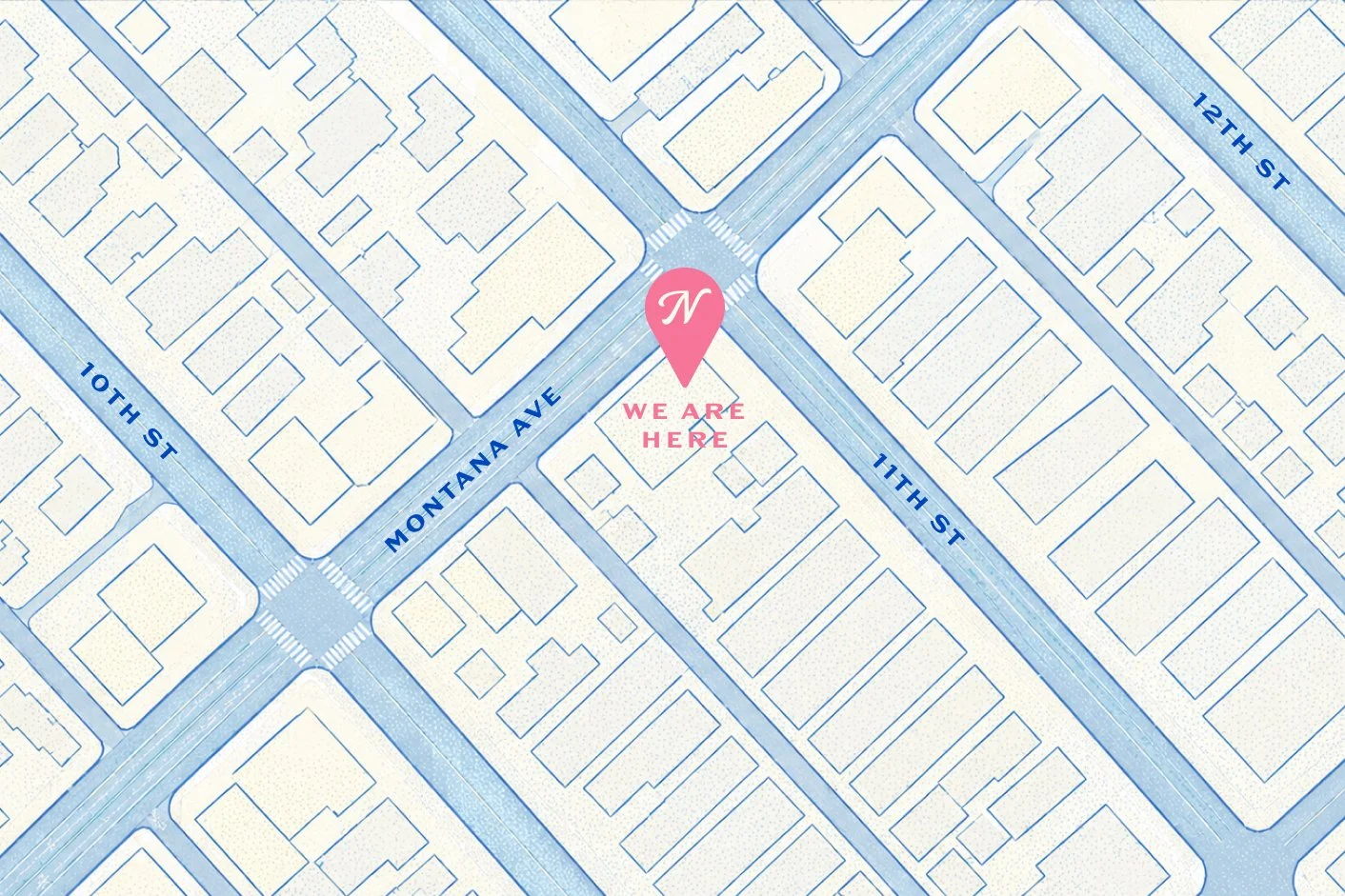 Map showing an intersection of Montana Avenue with 10th Street and 11th Street, with a pink location marker and text indicating 'We are here'.