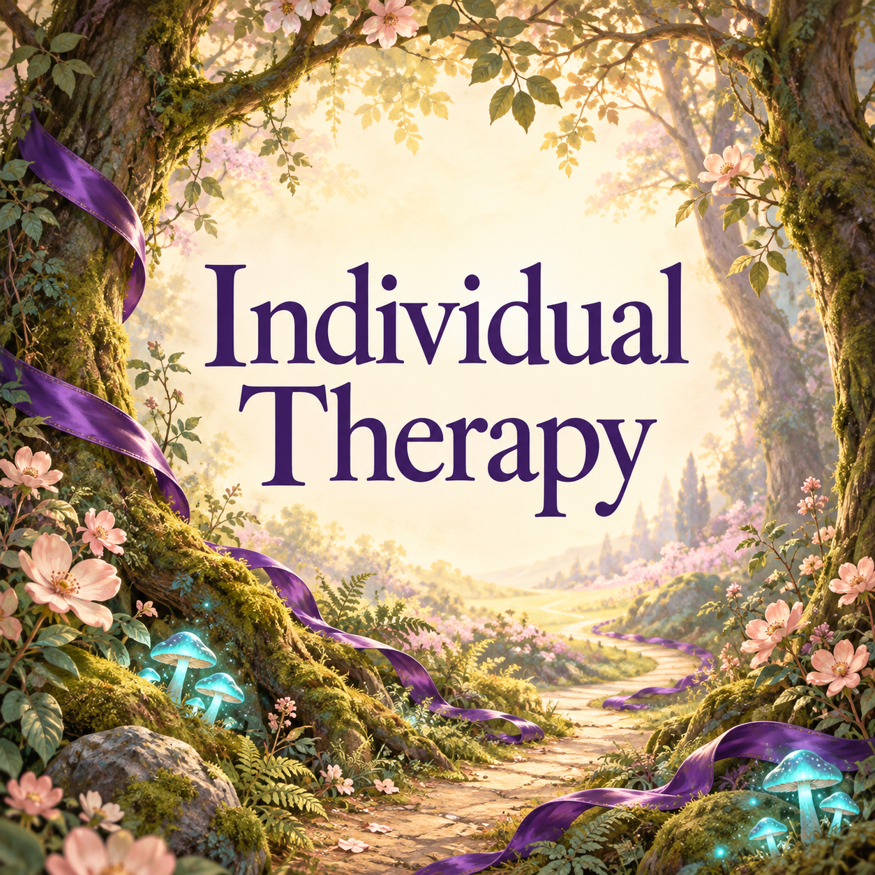 Illustration of a sunlit woodland path with flowers and flowing purple ribbons.