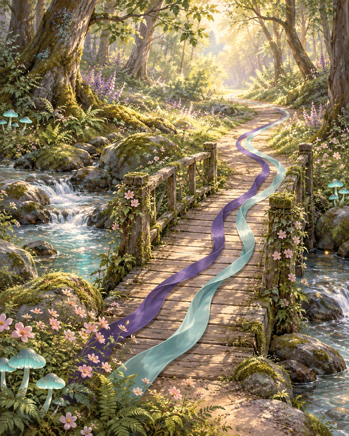 Illustration of a woodland bridge over a stream with purple and turquoise ribbons.