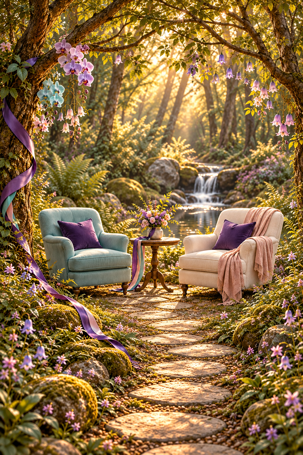 Illustration of two comfortable chairs and a small table in a welcoming woodland garden.