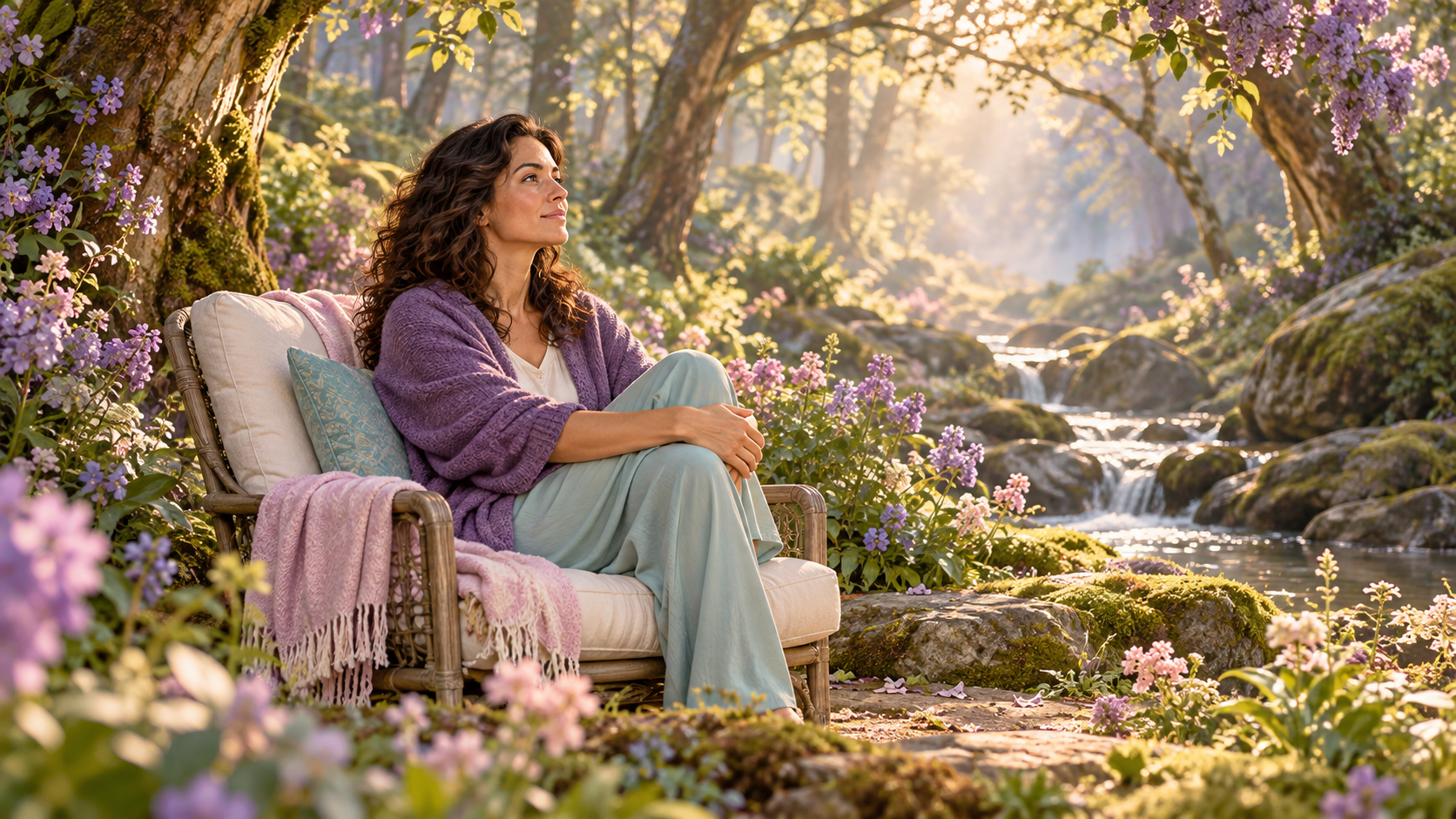 Individual therapy illustration of an adult seated peacefully in a woodland garden.