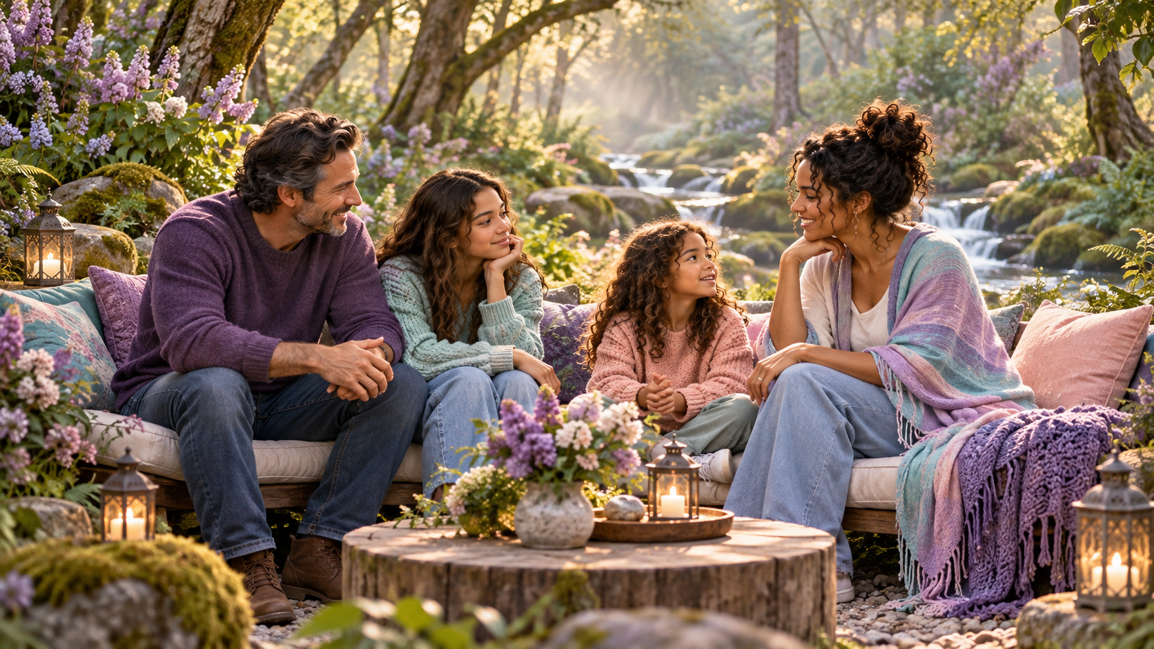Family therapy illustration of a family talking together in a woodland garden.