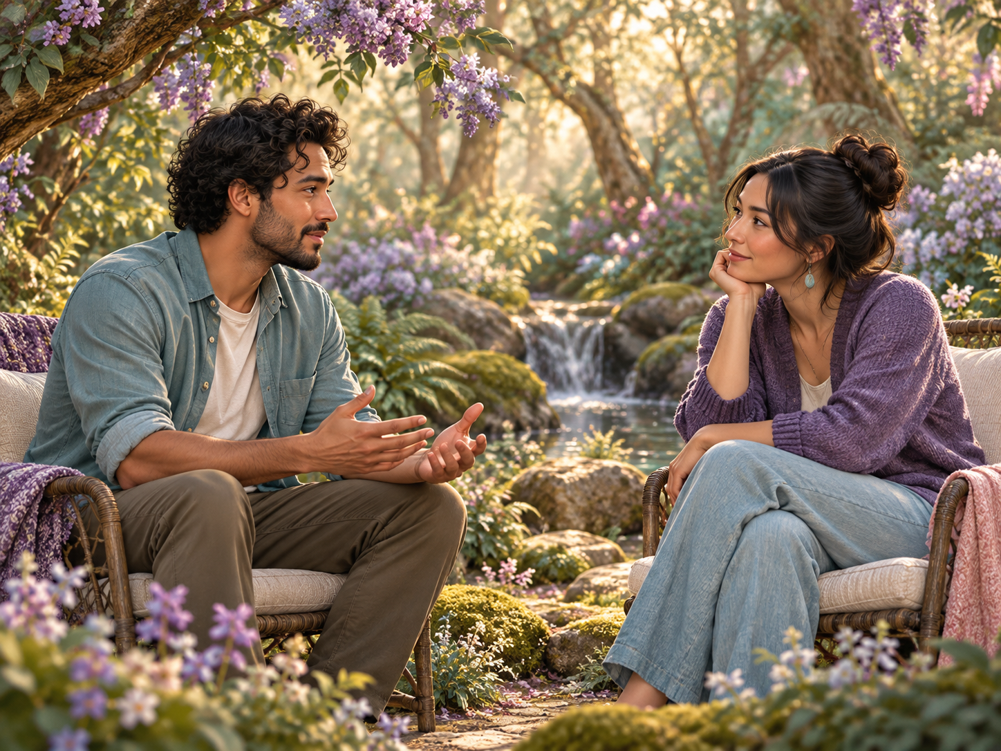 Illustration of two adults sharing a conversation in a peaceful woodland clearing.