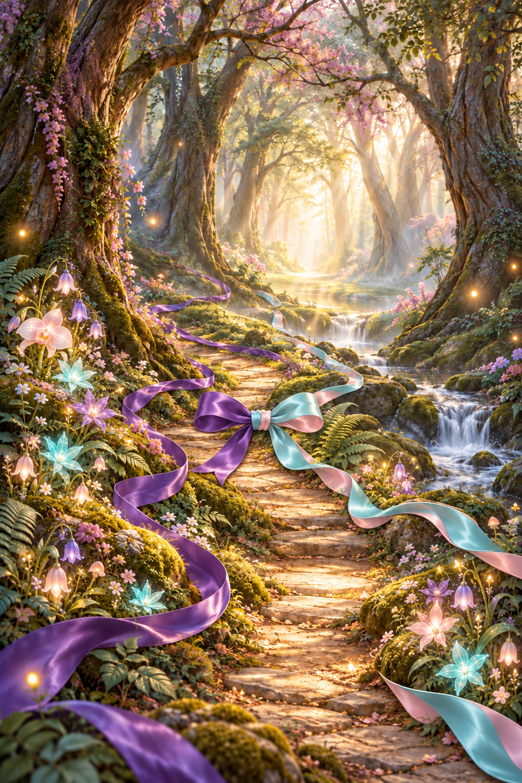 Illustration of a woodland path with purple and turquoise ribbons, glowing flowers and a stream.
