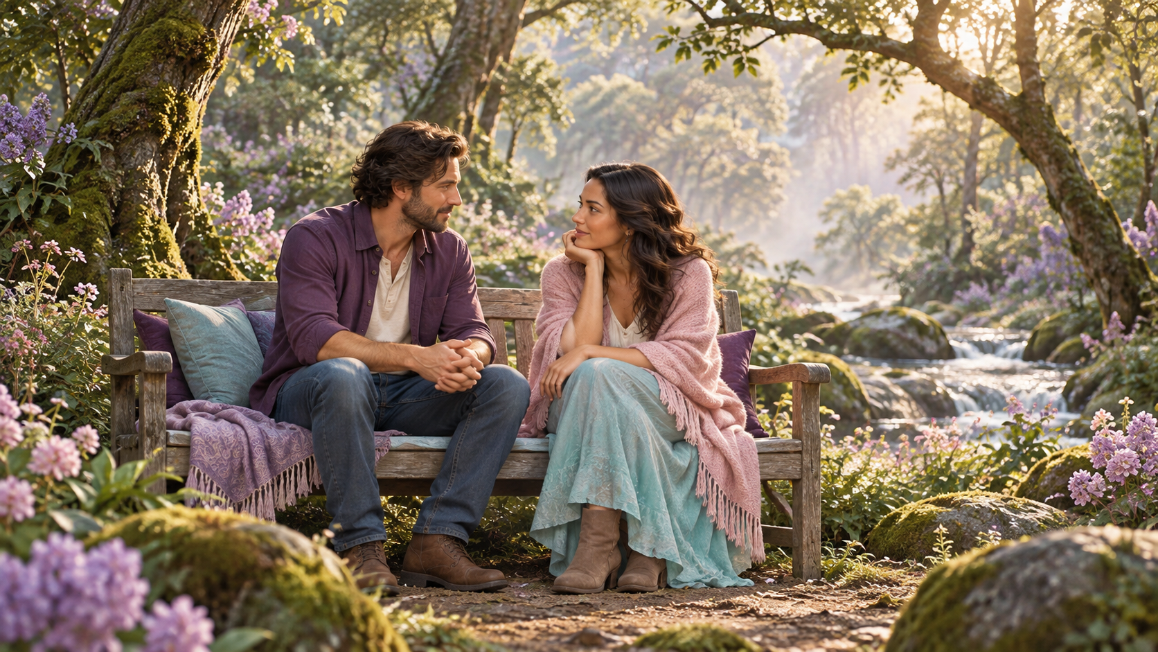 Couples therapy illustration of two partners talking on a woodland bench.