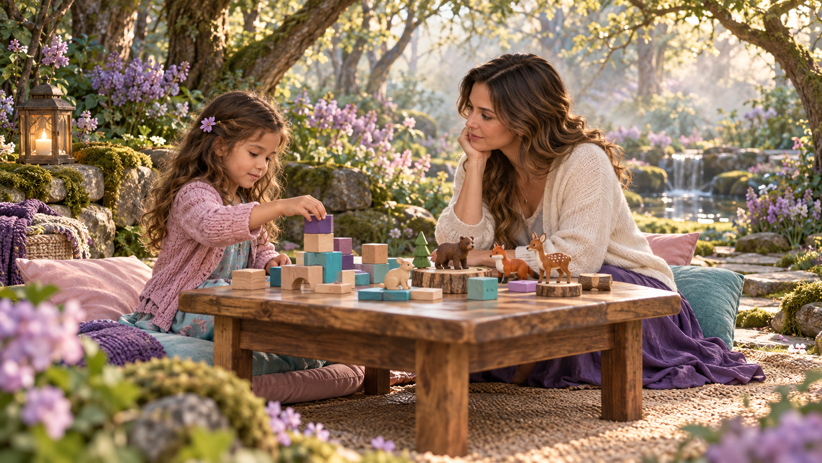 Play therapy illustration of a child and adult exploring blocks and animal toys.