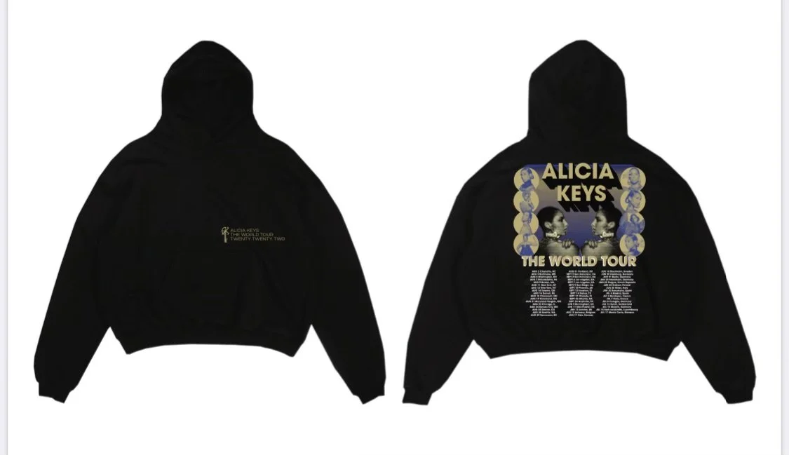 Black Alicia Keys tour hoodie with front small logo and back large graphic design for her 2022 world tour