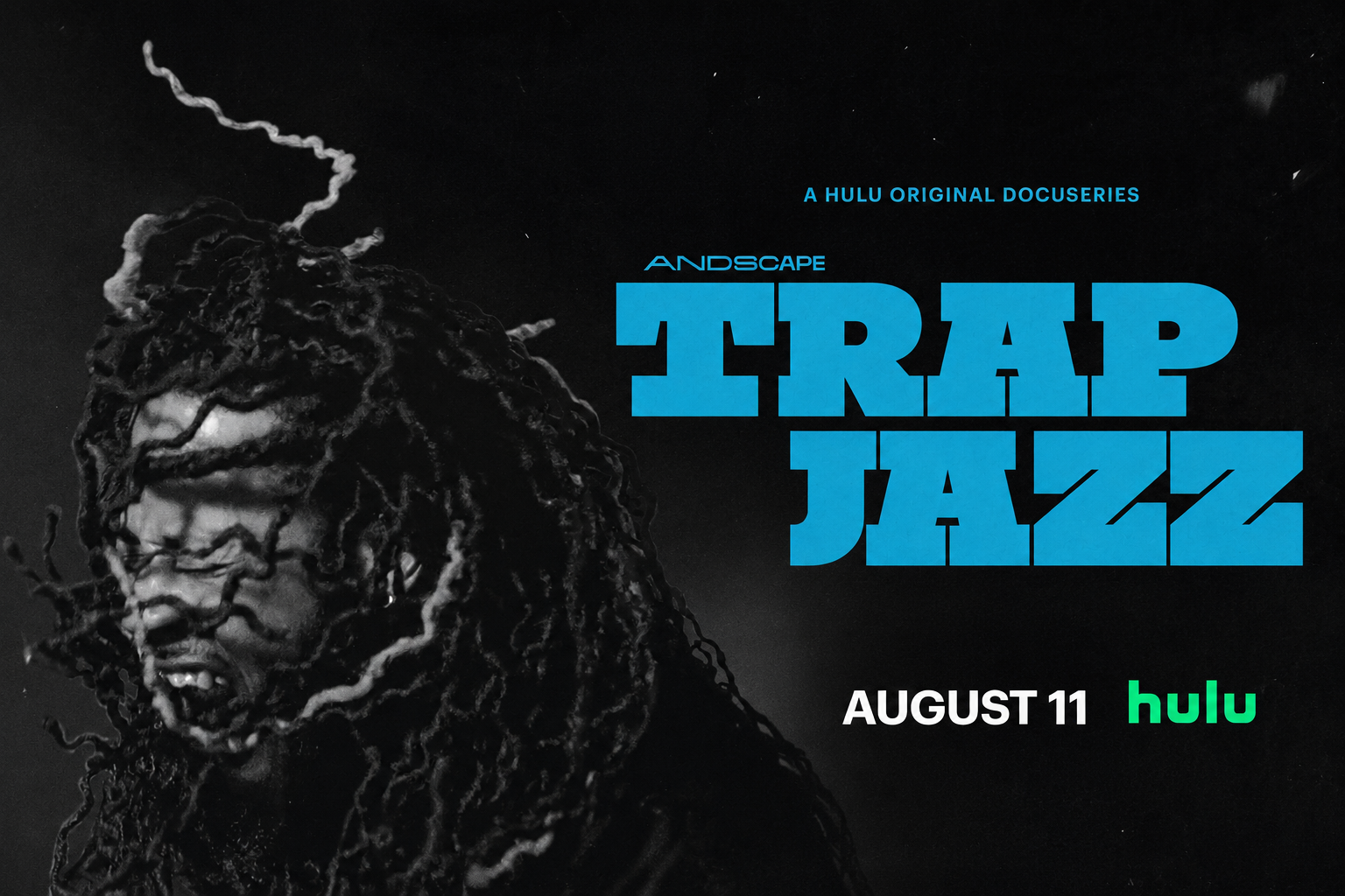 Promotional poster for the Hulu original docuseries 'Trap Jazz' featuring a black and white photo of a person with dreadlocks against a dark background, Sade Clacken Joseph, Quincy Jones, and the Hulu logo in green.