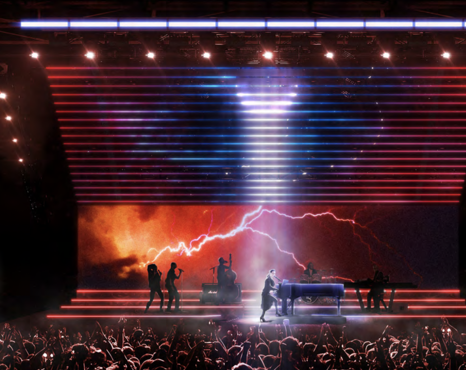 A live concert with a band performing on stage, large LED screens with lightning visuals, colorful neon lights, and a crowd of people in front enjoying the show.