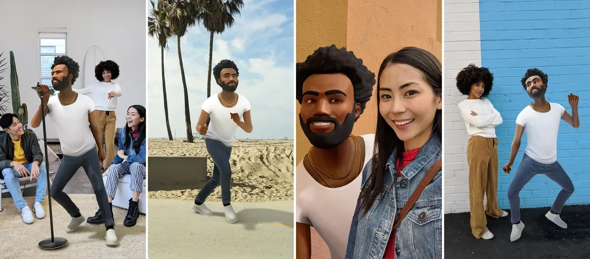 A collage of four images featuring a cartoon-style man with curly hair and a beard. In the first image, he's singing with two women sitting on a couch indoors. In the second, he's running on a beach with palm trees in the background. In the third, he's taking a selfie with a woman outdoors, both smiling. In the fourth, he's dancing in front of a blue and white wall, with a woman standing nearby.
