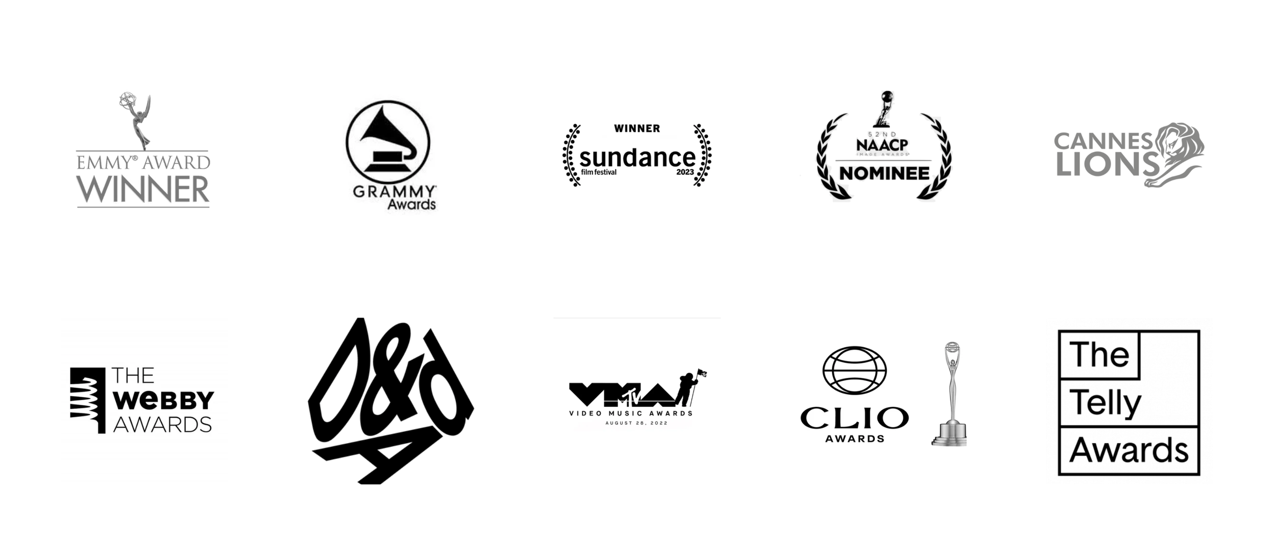 A collection of black and white award logos for various entertainment, music, and film awards, including Emmy, Grammy, Sundance, NAACP, Cannes Lions, Webby, D&AD, MTV, CLIO, Telly, and others.
