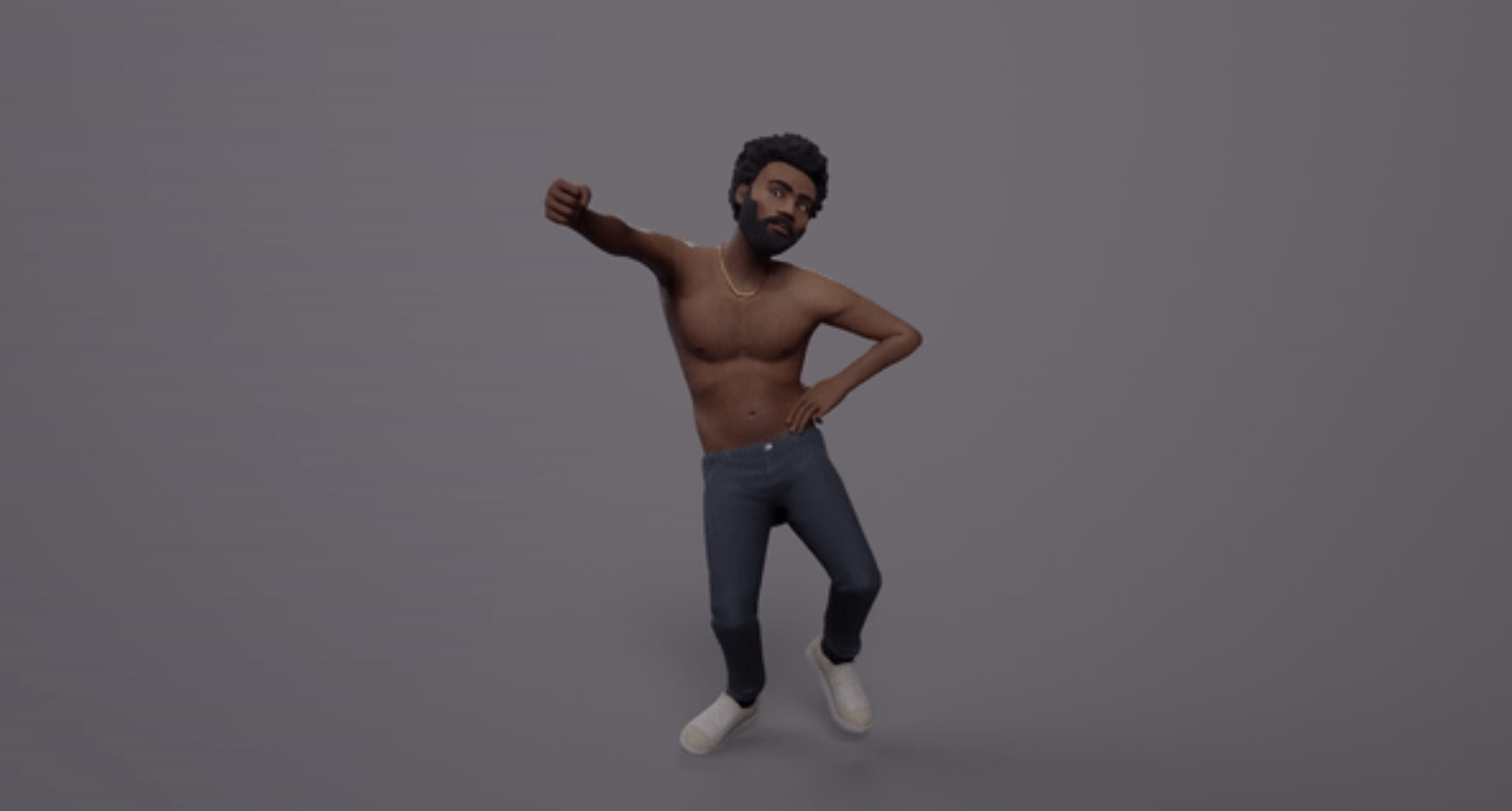 A digital cartoon avatar of a muscular man with dark curly hair and beard, shirtless with a gold chain, wearing blue jeans and white sneakers, striking a dancing pose against a plain gray background. Donald Glover Childish Gambino for Google Pixel 3