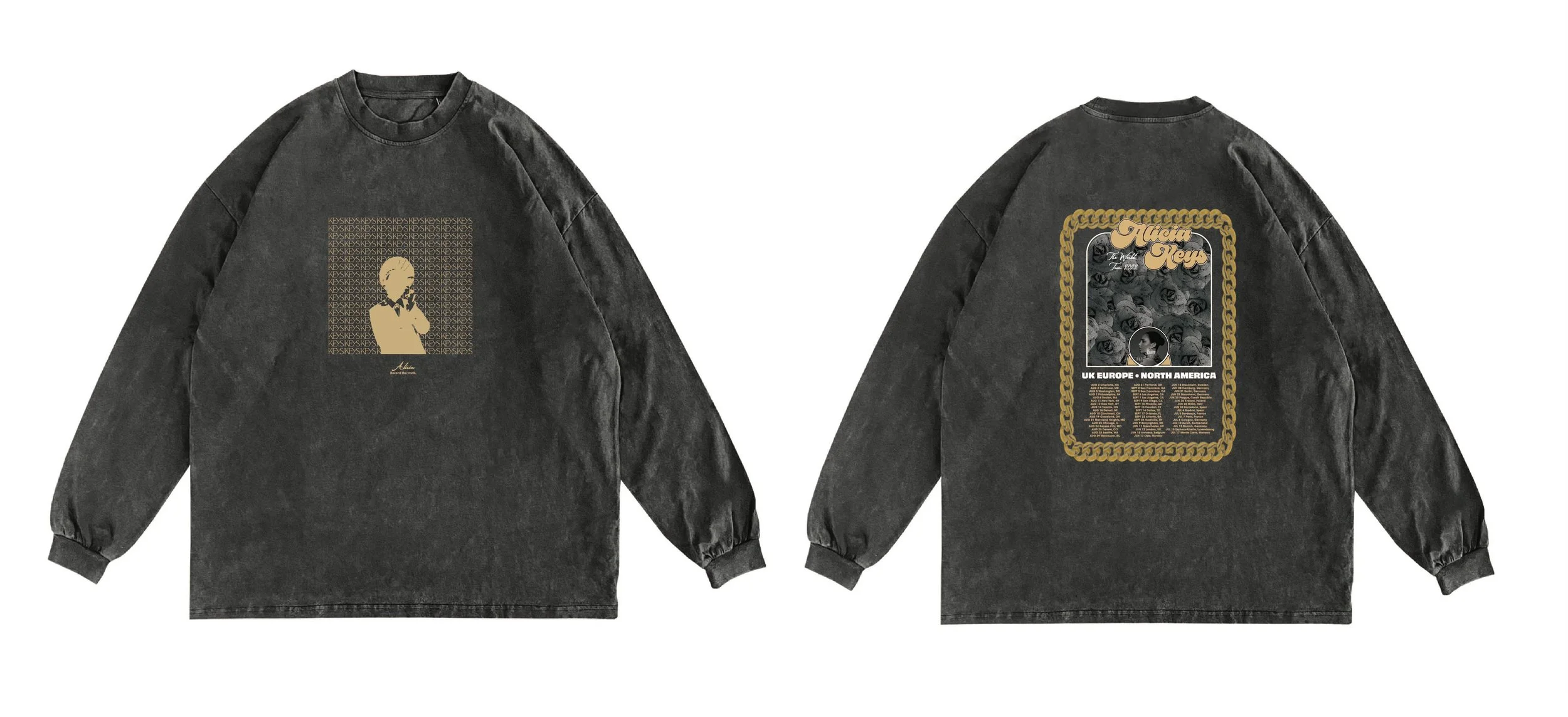 Black oversized sweatshirt featuring graphic designs. The front has a silhouette of a woman with the text 'Alicia Rey' beneath it. The back has a collage of roses framed by a chain-like border, with text indicating a music tour and regions.