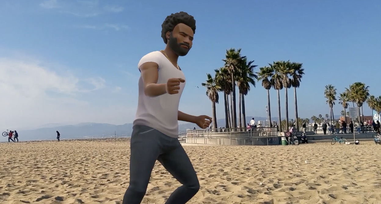 Animated male figure with curly hair and beard jogging on a sandy beach with palm trees and people in the background.