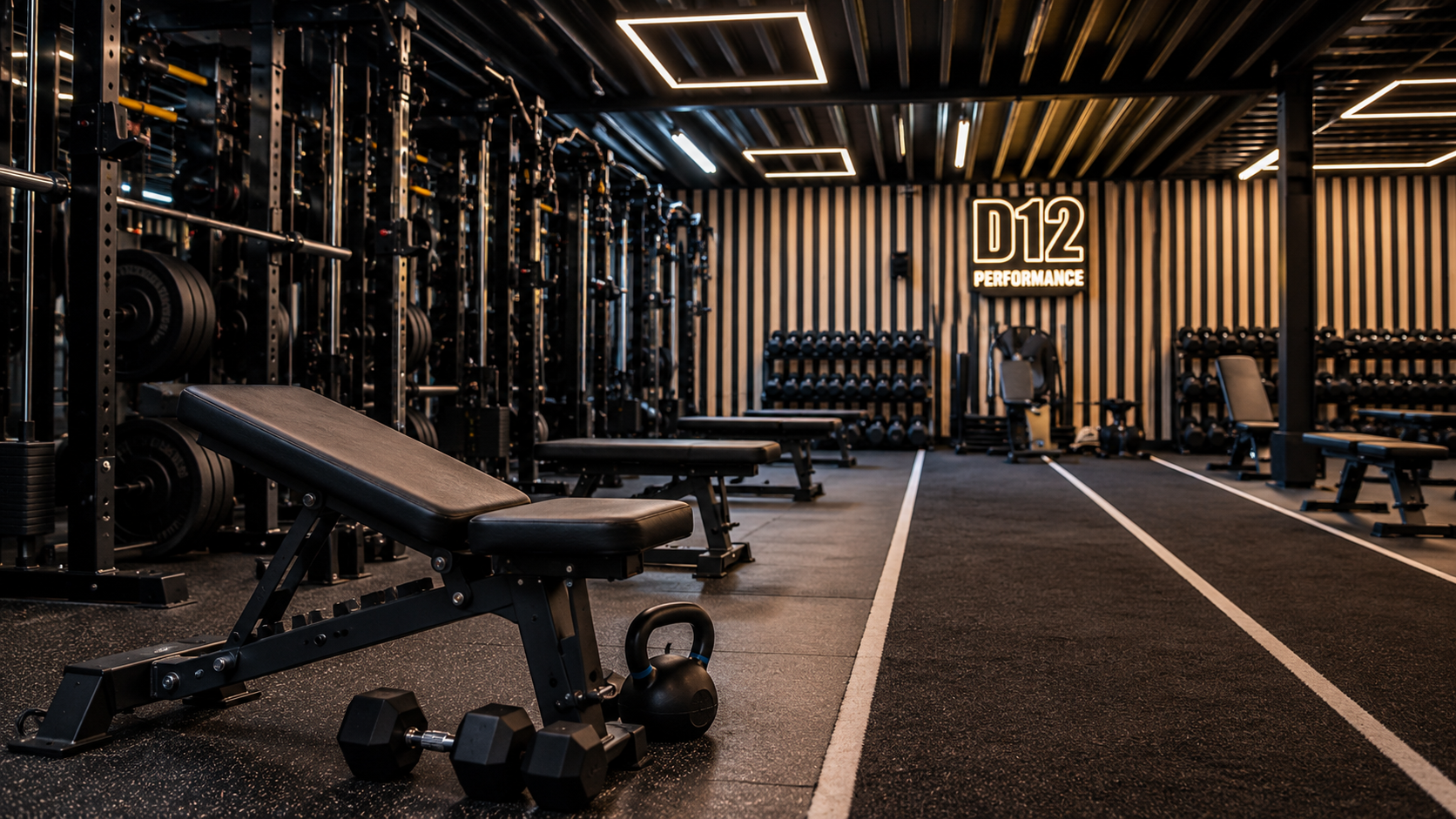 Interior of a modern gym with black equipment, including weight benches, dumbbells, kettlebells, and weight racks. The wall has a sign reading 'D12 PERFORMANCE' and striped black and beige walls with ceiling lights.