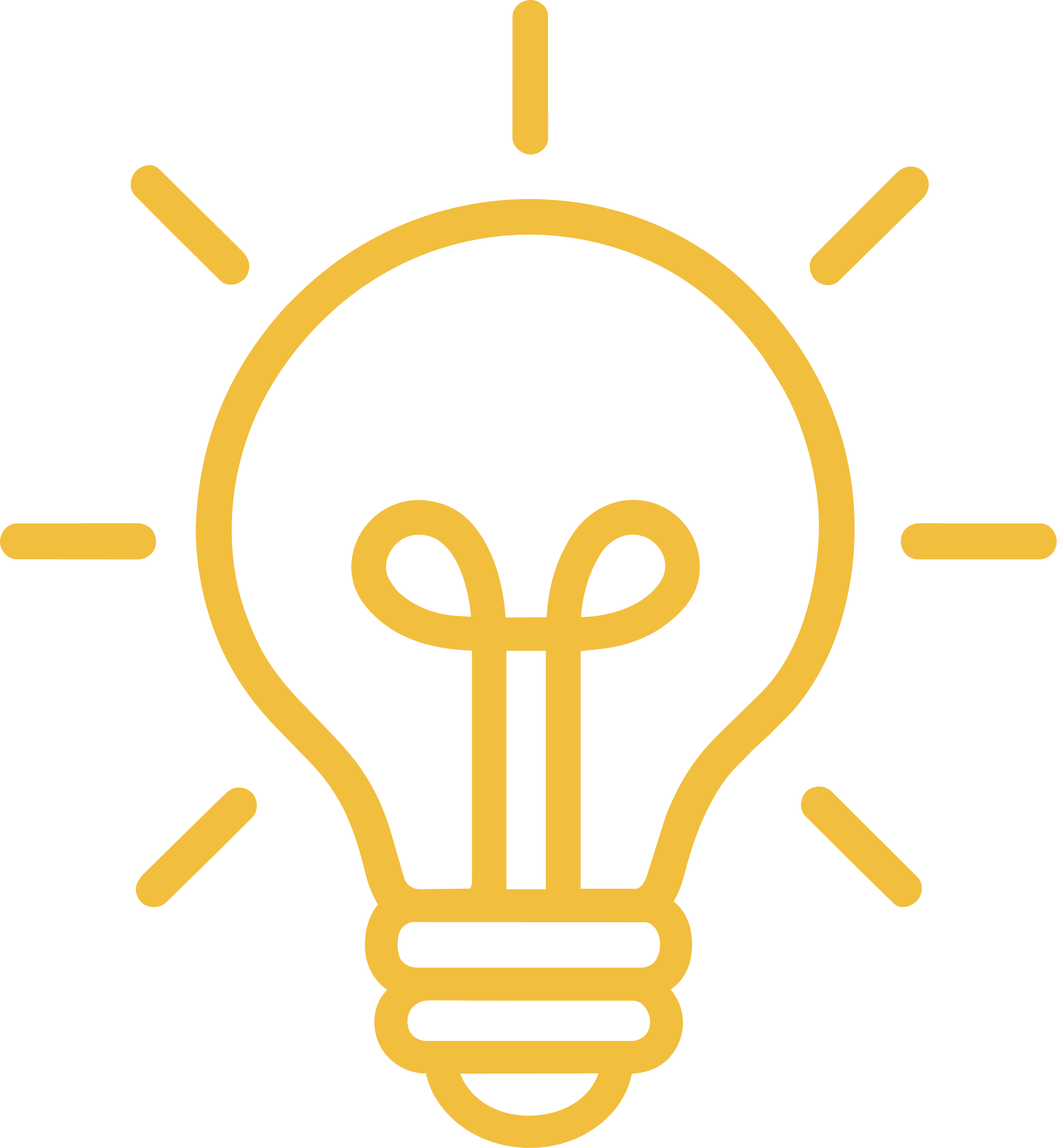 A gold line drawing of a light bulb with a smiley face at the center, radiating rays of light.