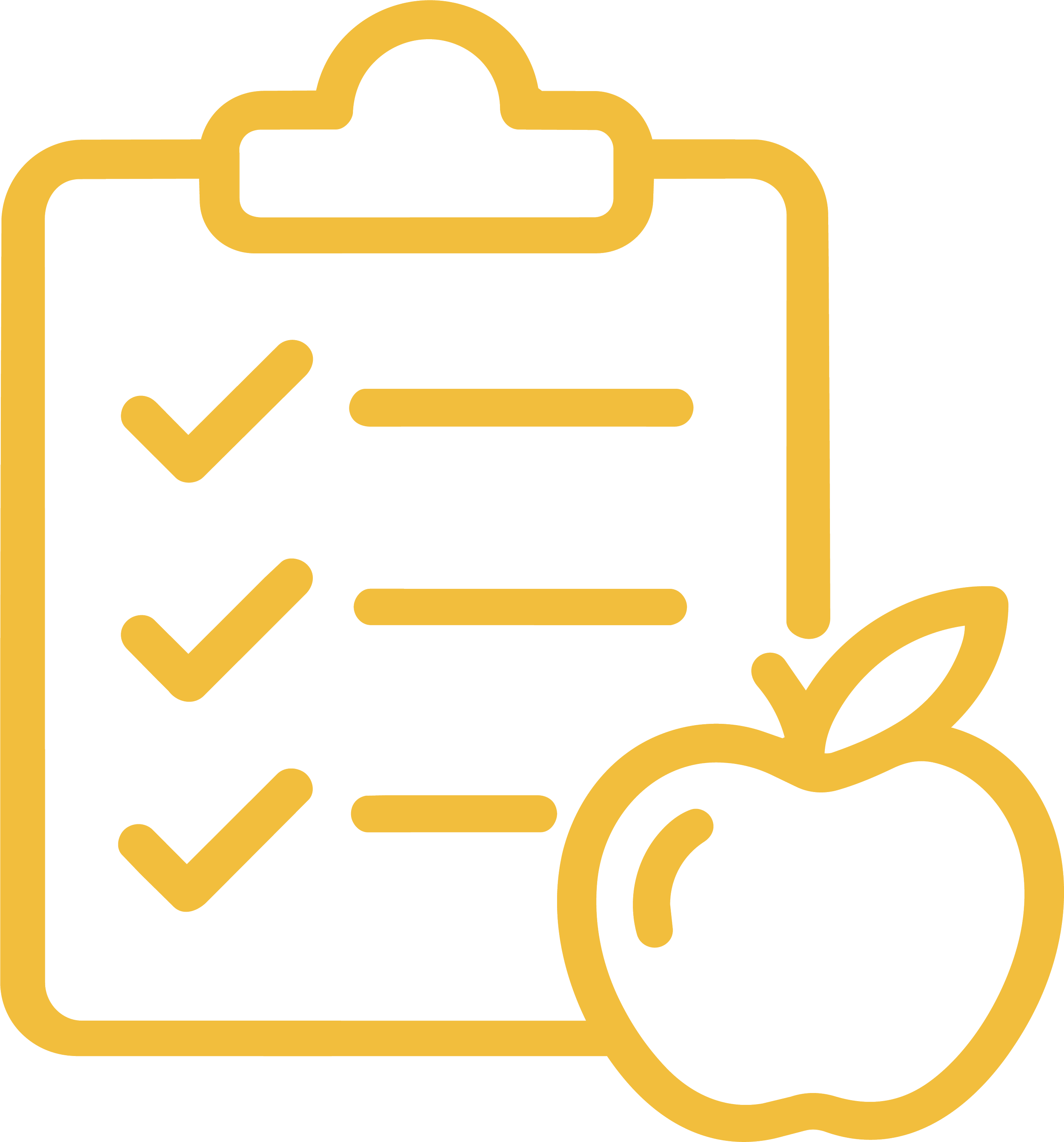 Outline of a clipboard with check marks and a hand holding a pen, all in yellow color.