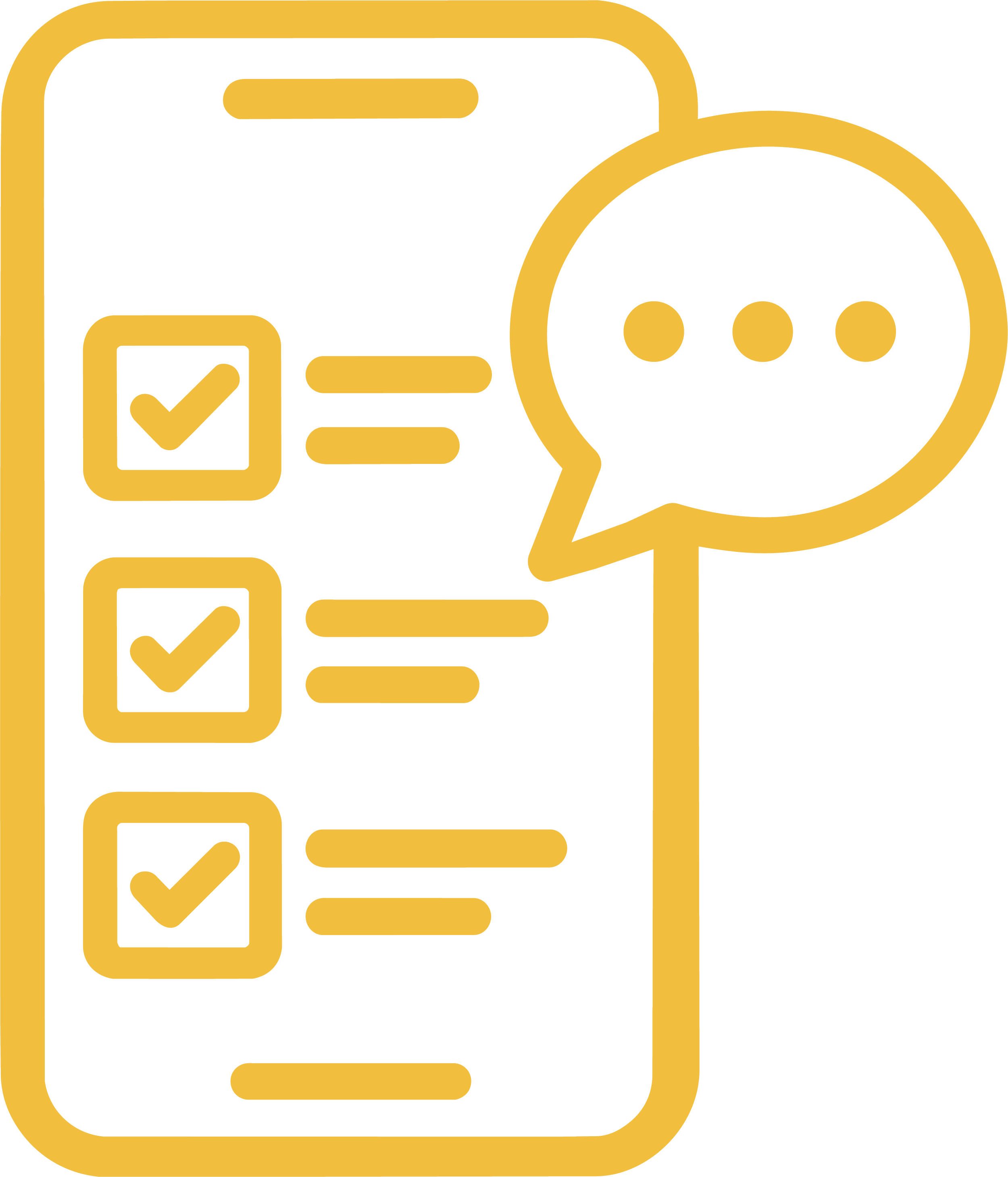 Outline of a smartphone with checklists and a speech bubble.