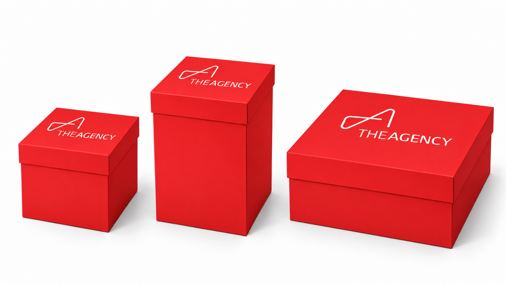 The Agency Custom Corporate Gift Boxes — Small, Medium Tall and Large Square