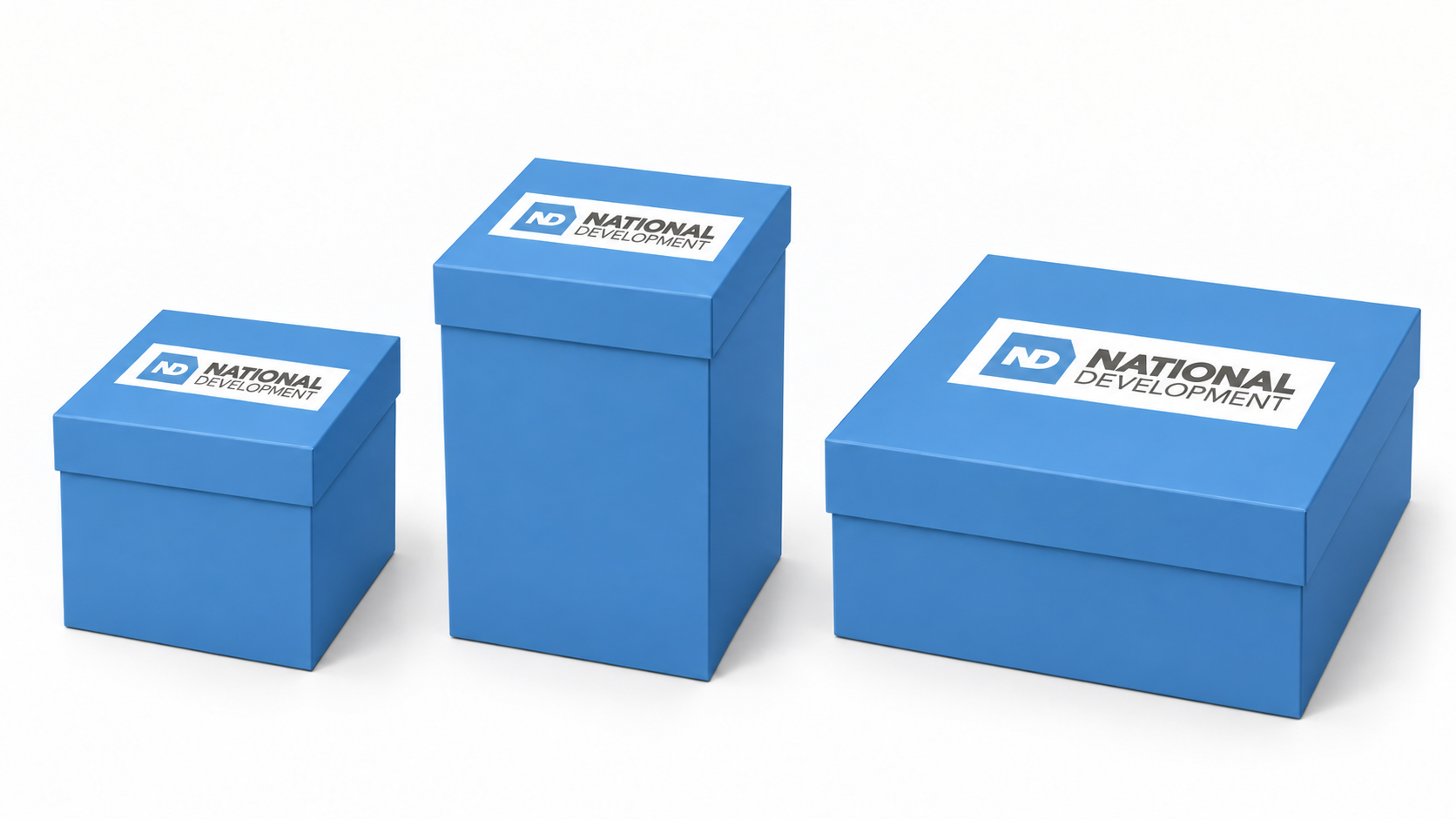 National Development Custom Blue Gift Boxes — Small, Medium Tall and Large Square