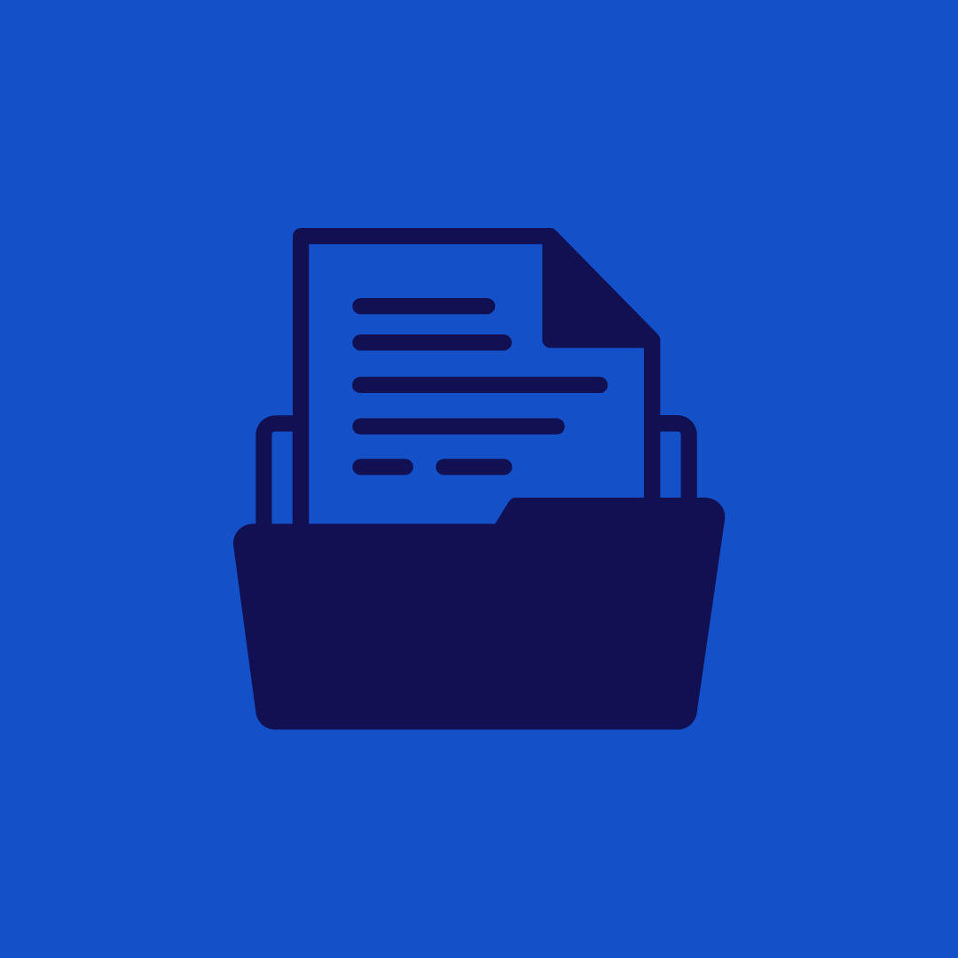 Icono de un archivo de documentos en una bandeja de entrada, en estilo minimalista con fondo azul.