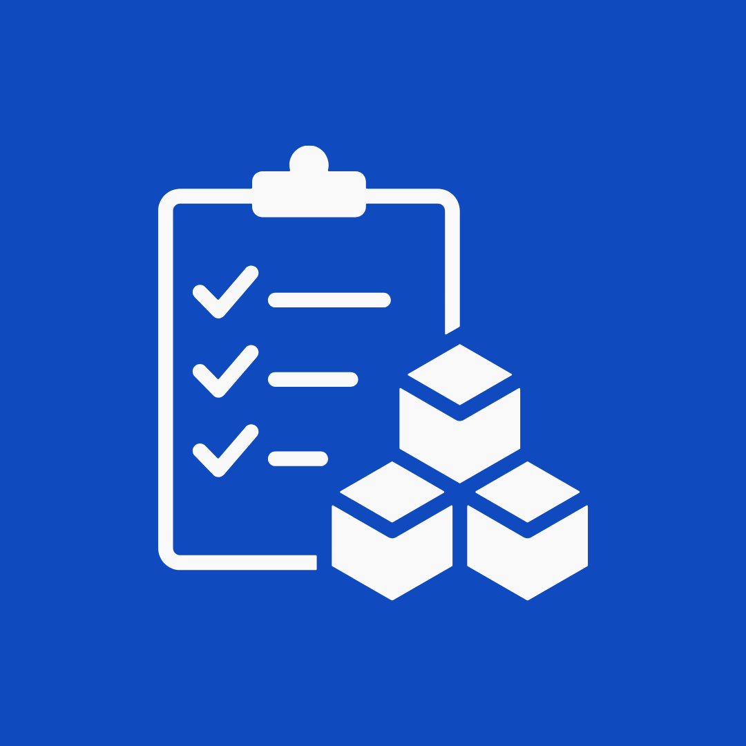 Icono azul con una lista con marcas de verificación y bloques apilados.