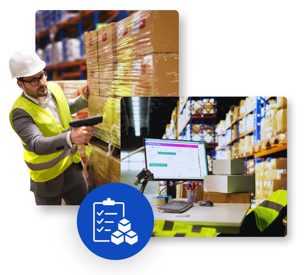 Personal de almacén revisando inventario con escáner y gestionando pedidos con computadora en un almacén con estanterías llenas de cajas.