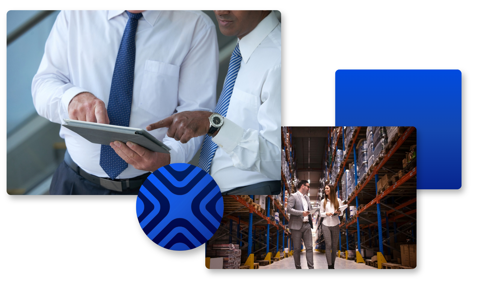 Dos hombres de negocios revisando documentos en un almacén de logística.