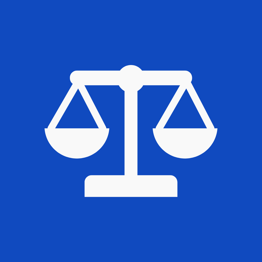 Icono de balanza de color blanco sobre fondo azul.
