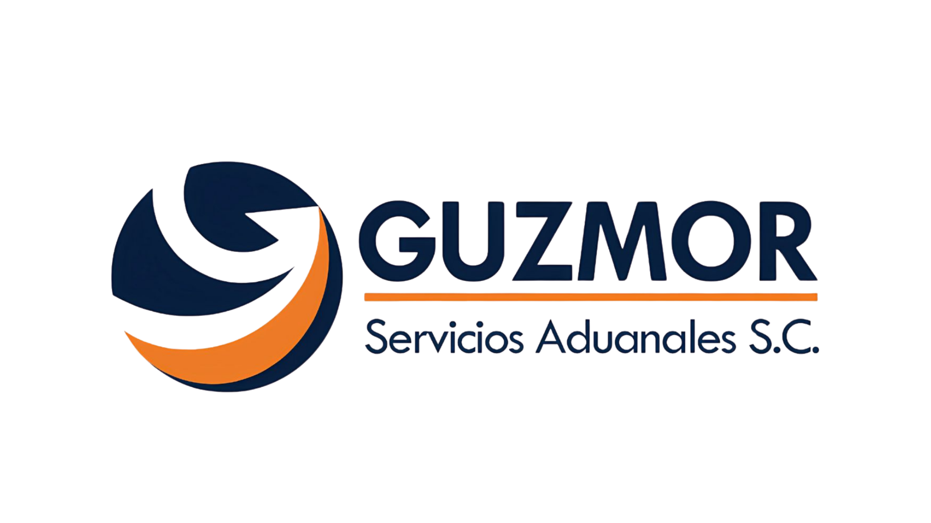 Logotipo de Guzmor Servicios Aduanales S.C. con símbolo abstracto en tonos oscuros y naranjas, y texto en azul oscuro y naranja.