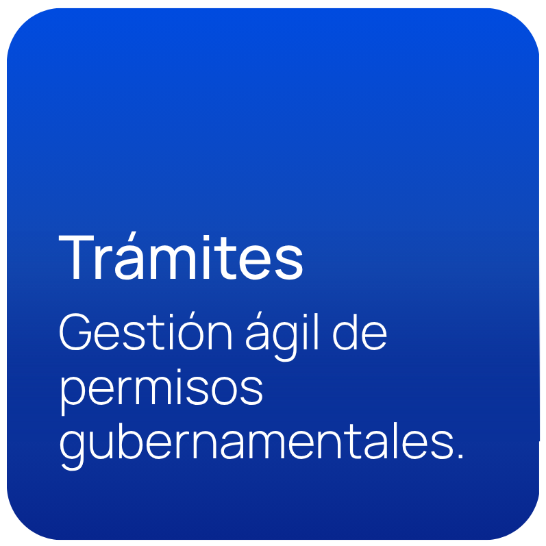 Cartel azul con texto blanco que dice 'Trámites Gestión ágil de permisos gubernamentales'.