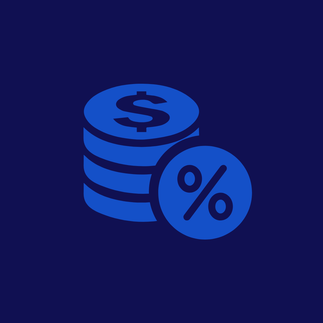 Icono de monedas con signo de dólar y símbolo de porcentaje, indicando interés o descuentos financieros.