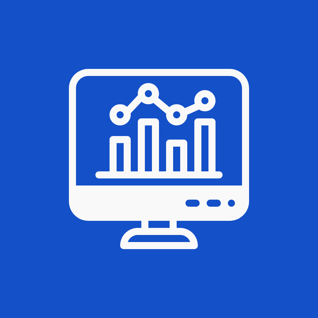 Ícono de una pantalla de computadora con gráficos de barras y una línea de tendencia, representando análisis de datos o estadísticas.