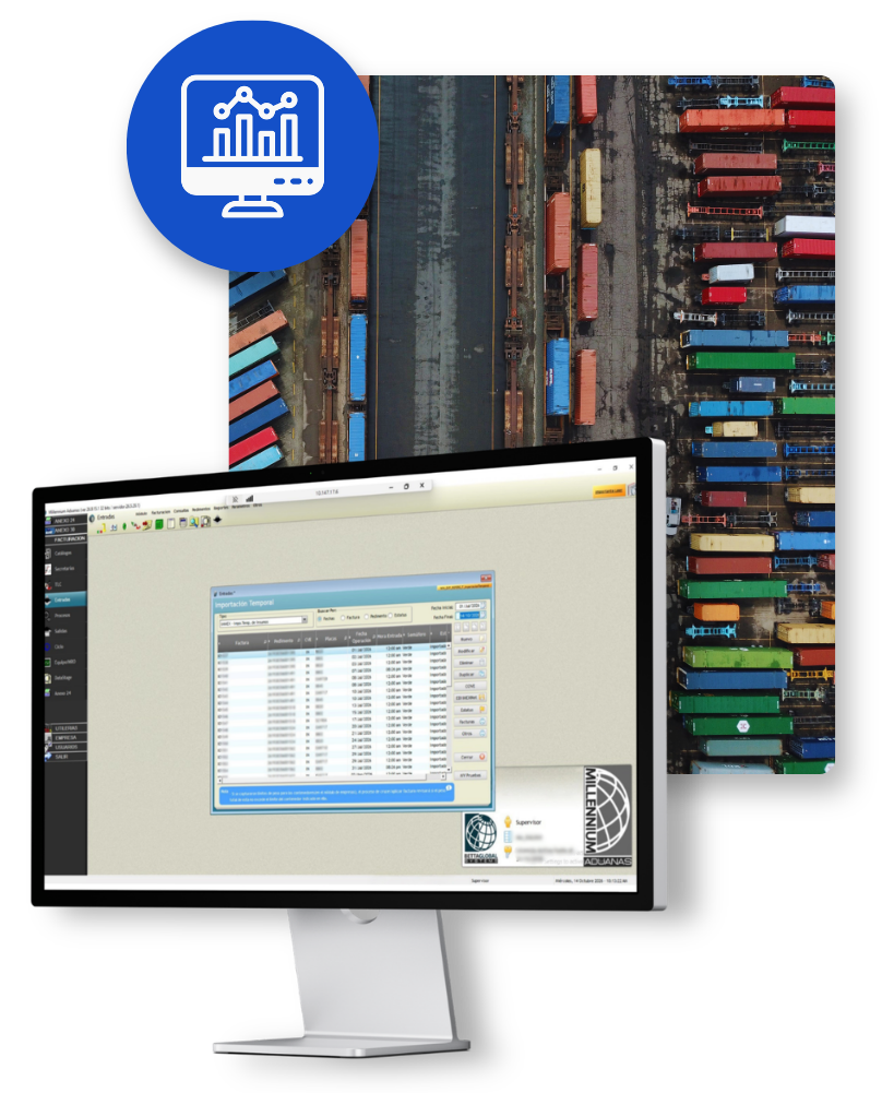 Pantalla de computadora con un sistema de gestión de importaciones, mostrando datos y una interfaz de usuario, con vista aérea de un puerto con muchos contenedores y trenes de carga.