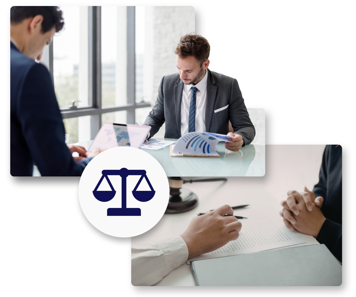 Reunión de abogados en una oficina, discutiendo documentos legales.