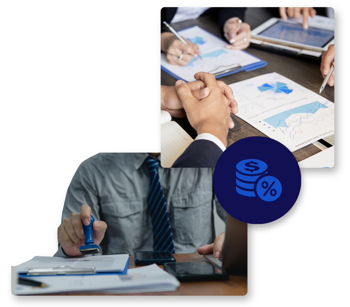 Personas en una reunión de negocios revisando gráficos y datos financieros, con una simbología de moneda y porcentaje.