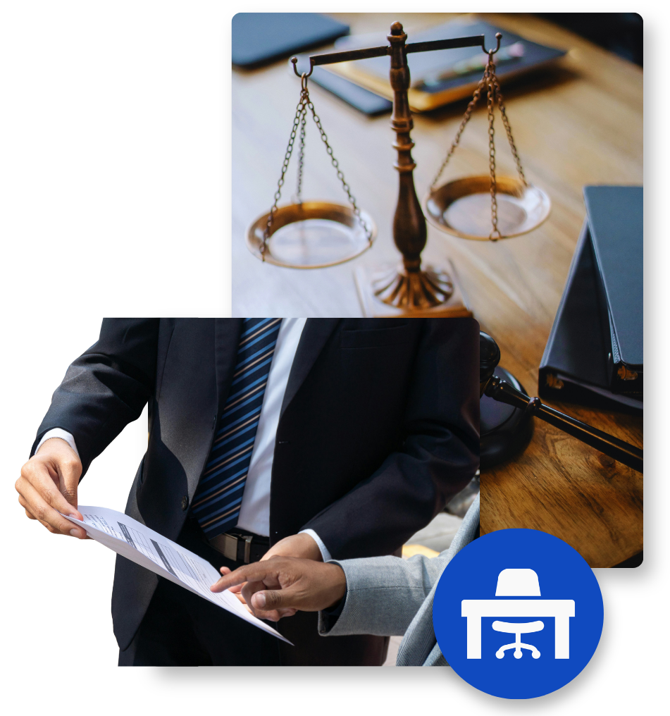 Tribunal con balanzas de justicia y abogados discutiendo un caso.