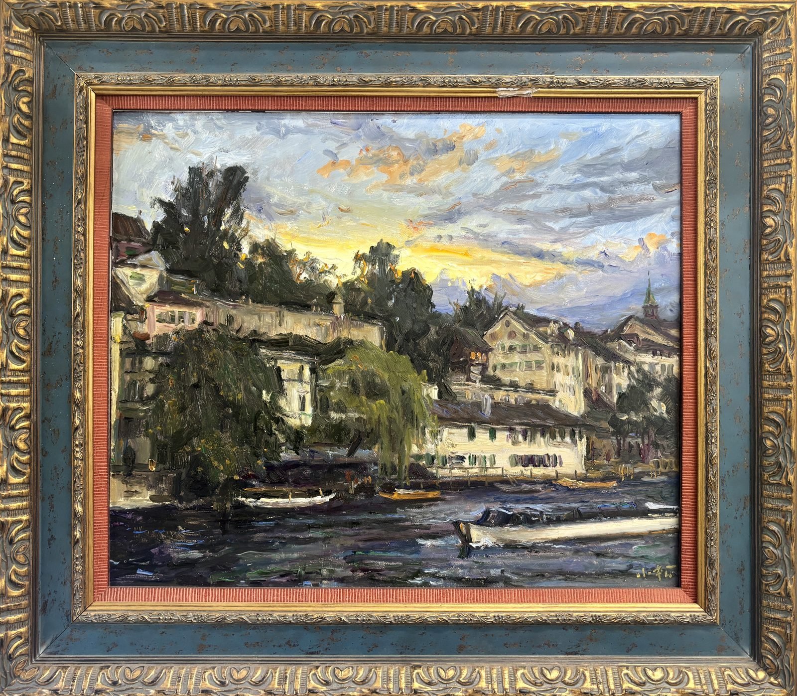 River Town at Dusk — Oil on Canvas · 24.5 × 20.5 in