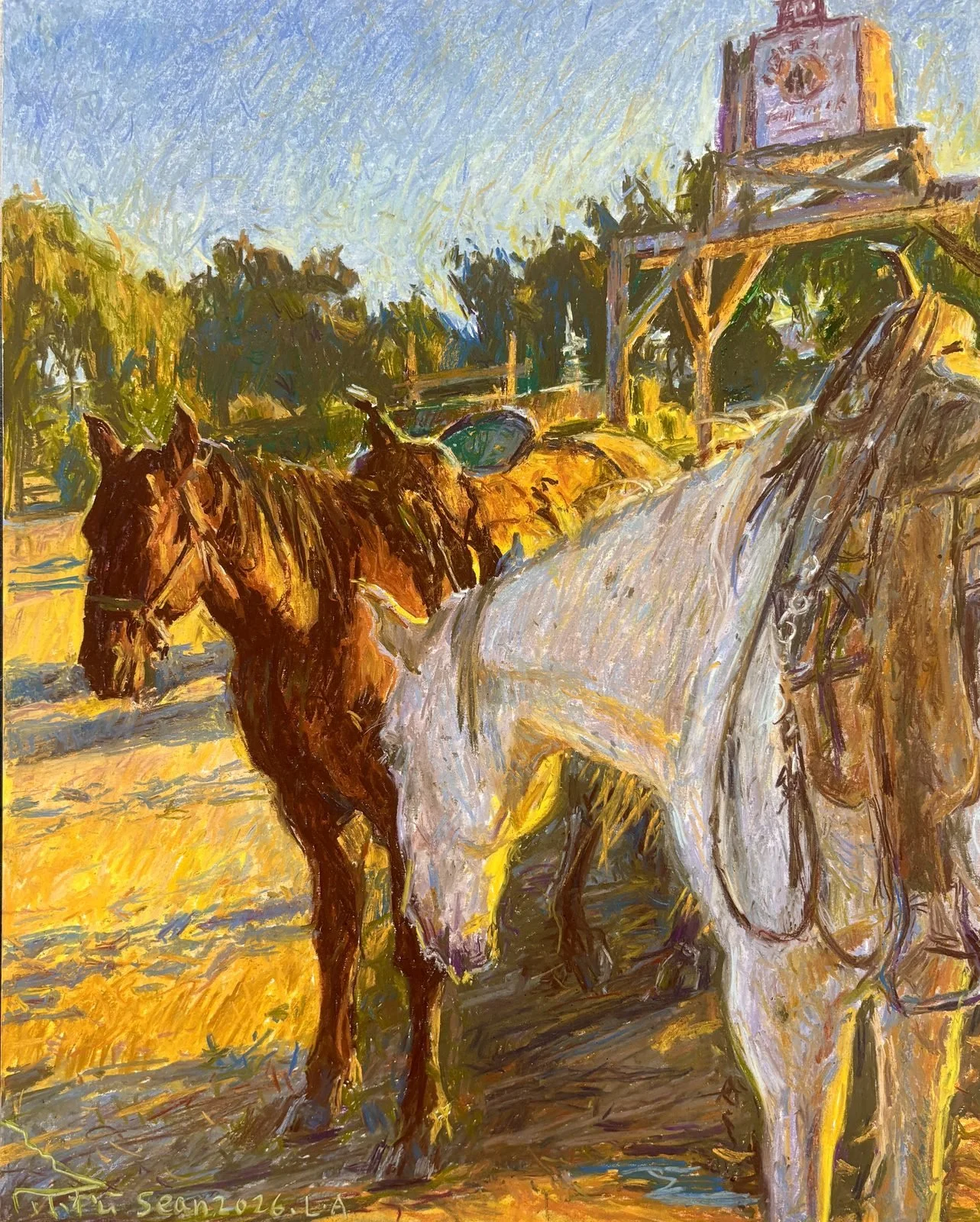 Golden Hour Companions — Oil Stick · 16 × 20 in · 2026