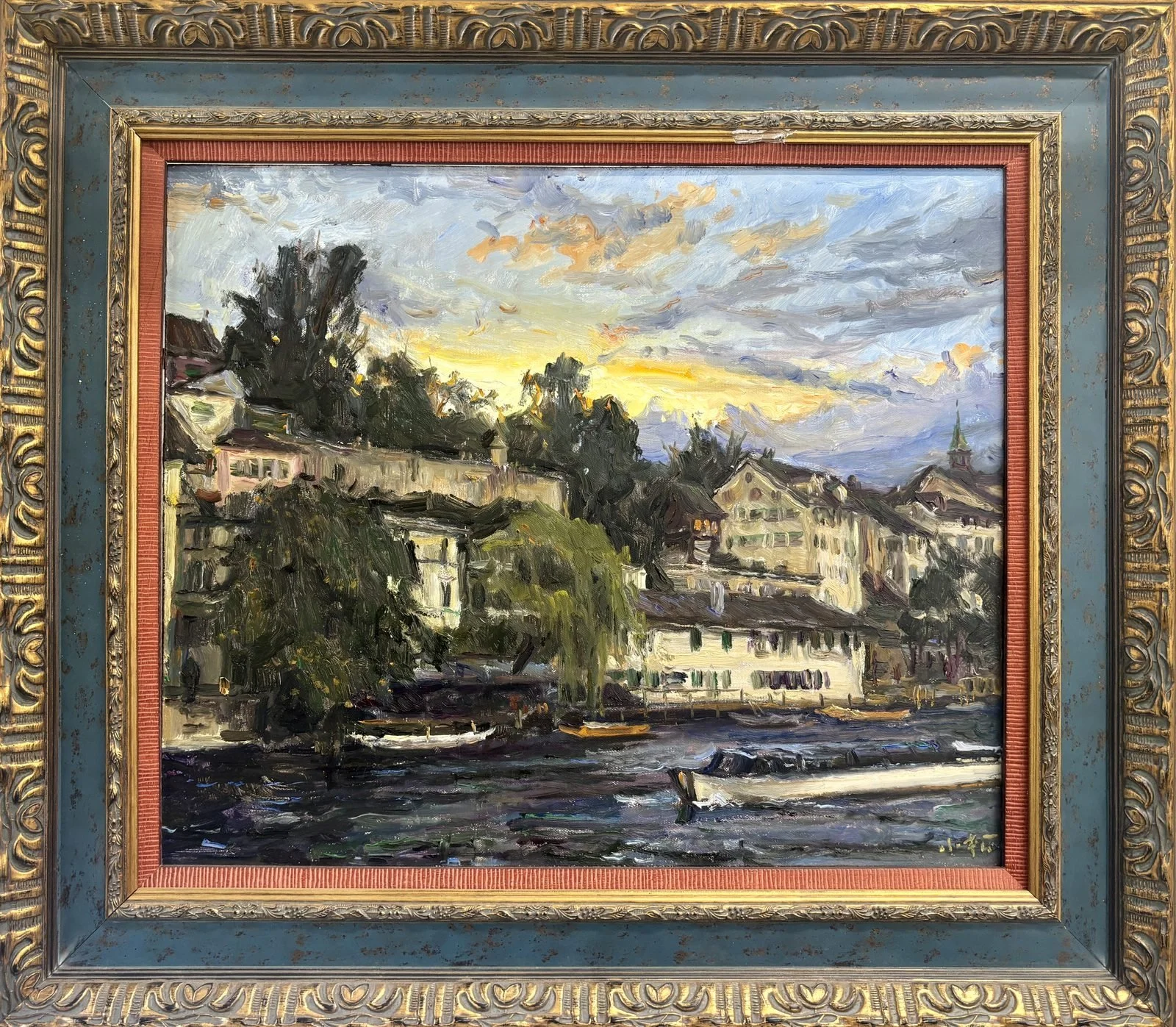 River Town at Dusk — Oil on Canvas · 24.5 × 20.5 in